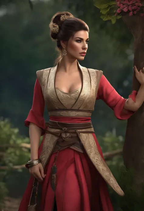 4k, Realistic, Muito Detalhe, there is a girl in a wood, Shes a Samurai, tema guerra, roupas macias, cabelos longos, usando legging, 25 anos, corpo inteiro, usando sapatos gucci, mostrando a bunda pelada, buceta rosa