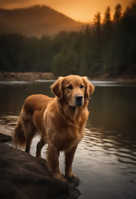 golden retriever, Surreal, Tense, warm, Highly detailed, Sharp, professional, 8K  UHD, Movie, Dark, violent, En plein air, River, battle, chase, Dramatic, Vivid, Tense atmosphere, rendering, Epic, Twilight, hdr, album covers, Blizzard, Standing on a rock i...