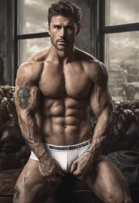 A sexy handsome man wearing underwear sitting in