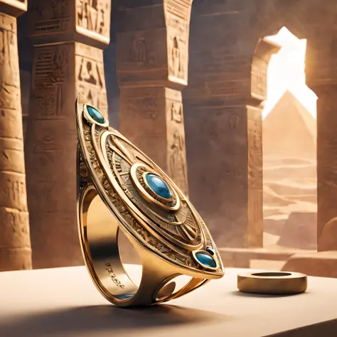 Composition: Craft a composition that transports viewers to the heart of ancient Egypt, a land where legends and history entwine. The focus should be on the metal ring, with an overall layout that exudes the mystique of the desert kingdom. Draw the observe...