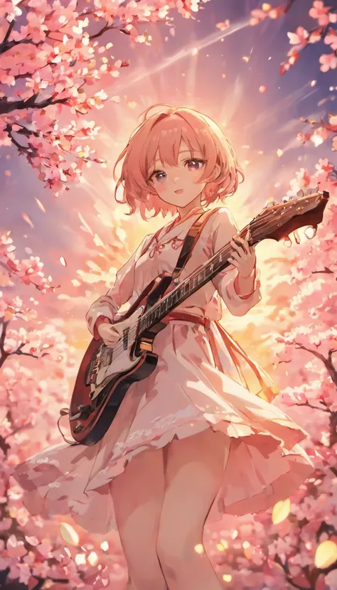 Girl playing guitar，The upper part of the body，one-girl，Under the cherry blossom trees，Fluttering cherry blossoms，On stage，Clear lines，low-saturation，pale-blue( reasonable design, Clear lines, High sharpness,Best quality, Very detailed, Masterpiece, movie ...