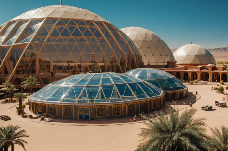 there is a large building with a large dome on top of it, hillside desert pavilion, dome, futuristic persian palace, geodesic building, futuristic church, dome of wonders, futuristic dome, geodesic architecture, alien architecture, in a futuristic desert p...