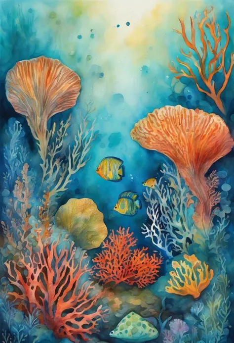 artwork of coral reefs，Underwater Kingdom，swaying underwater plants，Yayoi Kusama，Dreamy，Dreamlike scenery，Various seabed creatures，rich shades of teal and blue