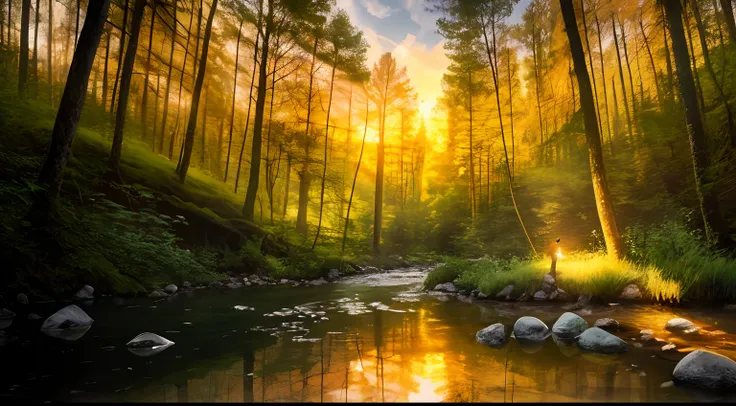 It is a beautiful sunset, in the middle of the forest, in the distance there is a man hunting, light falls through the gap in the woods, and a small stream flows, fish leap out of the water, clear picture, best quality, realistic texture, high resolution, ...