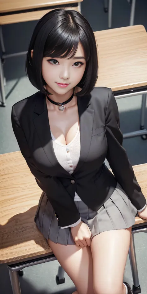 realistic style woman, (aegyo sal: 1), 18 year old girl, (gray blazer, ribbon, folded miniskirt, socks, private school uniform: 1.2), high school classroom, beautiful detail in the eyes, (size of the eyes : 3/4) light on the face, ((full body photo: 1.2)),...