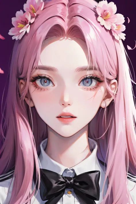 8K, Masterpiece, Best quality, Night, full moon, 1 girl, Korean style, Mature woman, sister, pink long haired woman, Long hair, Light pink lips, calm, logical, bangs, Gray pupils, wearing a pink flower on the head, Flower background, petal dancing, Delicat...