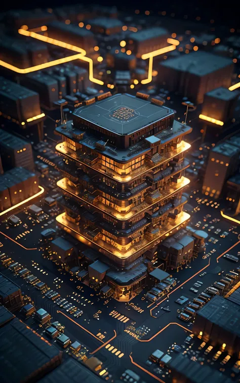 Orange tone,computer chip,product closeups,photography closeups,cinematic rendering,C4D,blender,3D,ultra-high definition texture details,resistors,Special Effects,(Luminous line converging towards the middle:1.2),Container_building