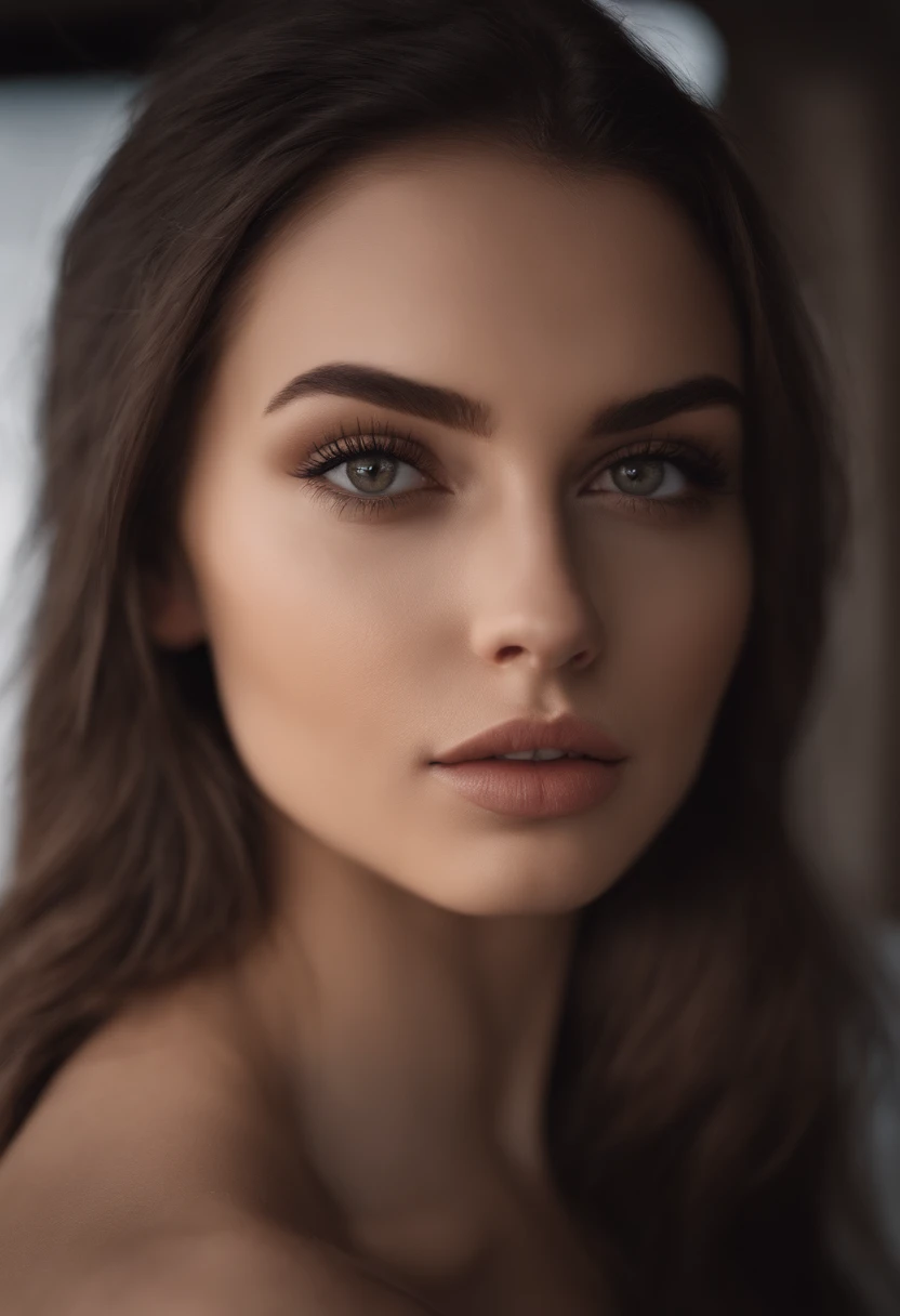 Arafed woman in full , Sexy girl with brown eyes, ultra realistis, Meticulous detail, portrait sophie mudd, dark hair and big eyes, selfie of a young woman, bedroom eyes, violet myers, no makeup, natural makeup, looking straight at camera, face with artgra...