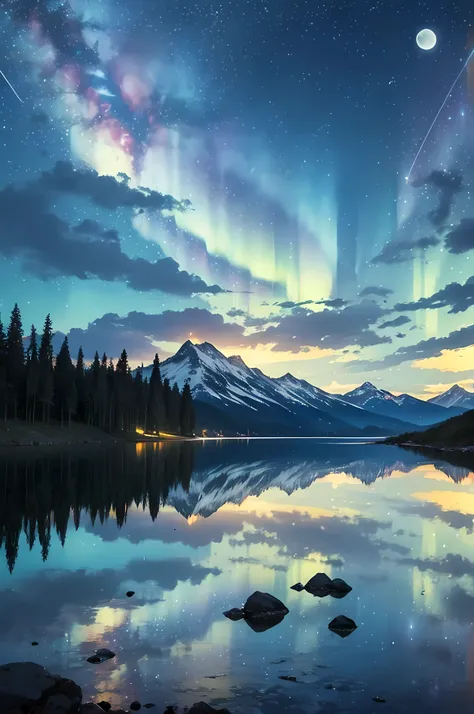 beautiful view, best scenery, ocean, starry sky, cloud, moon, night, star light, reflection, star, mountain, forest, realistic 1:2, mountain range, birds, peaceful landscape, calm view, aurora sky, black sky