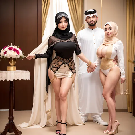 (masterpiece), best quality, expressive eyes, perfect face, Arabian, details, party,Birthday party, with mother and men surrounding her, Hijab, big titts, full body massage Dubai UAE, Cake birthday party , dress short,table, standing,  , ,strapon,