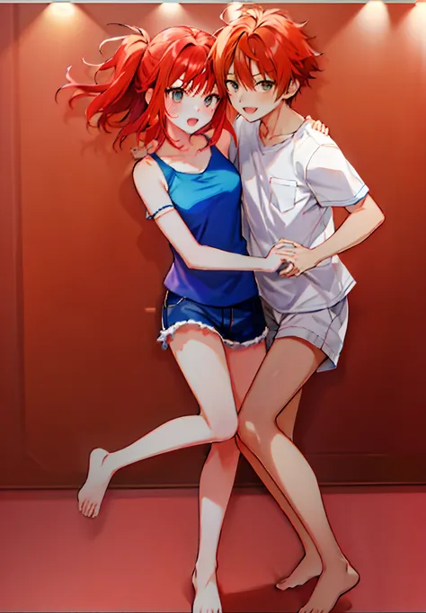 Anime couple hugging each other in pose, ( ( ( yoshinari yoh ) ) ), with red hair, Photos of A-1, Author: Shingei, by Kamisaka Sekka, made with anime painter studio, shirabii, Nick Silva and Ilya Kuvshinov, zerochan art, Makoto Kano, she has red hair