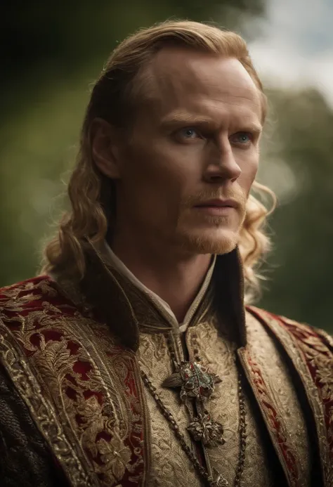 Portrait of a fantasy character. ((Paul Bettany)), Prince of Serpus, ornately embroidered doublet, fantasy setting, petulant