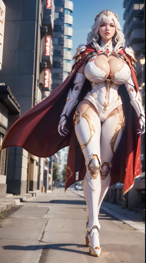 1GIRL, SOLO, (white hair), (HUGE FAKE BOOBS:1.3), (GUARD ARM, GLOVE), IMMORTAL, (white, red, gold, FUTURISTIC MECHA ARMOR SUIT, ROYAL CAPE, CLEAVAGE:1.5), (SKINTIGHT YOGA PANTS, HIGH HEELS:1.2), (NSFW GLAMOROUS BODY, SEXY LONG LEGS, FULL BODY:1.3), (FROM F...