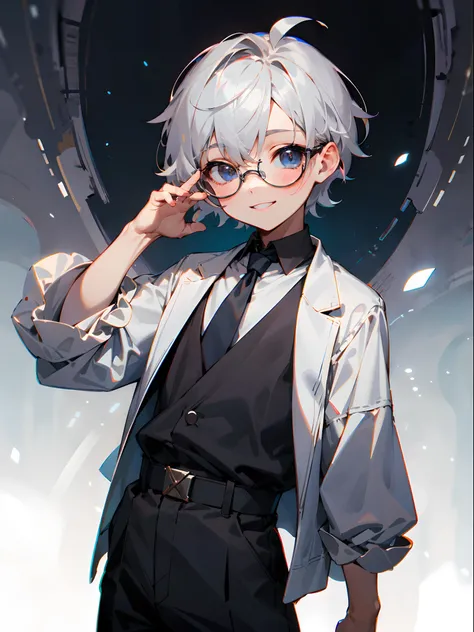 (Male child, eye glasses,A smile, silber hair)