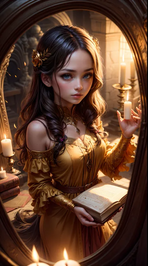 Deep within an underground chamber, a girl with eyes like liquid gold holds an ancient book open before her, and with a wave of her hand, the candles lining the chambers walls burst into dazzling flames, illuminating the secrets hidden within the pages.