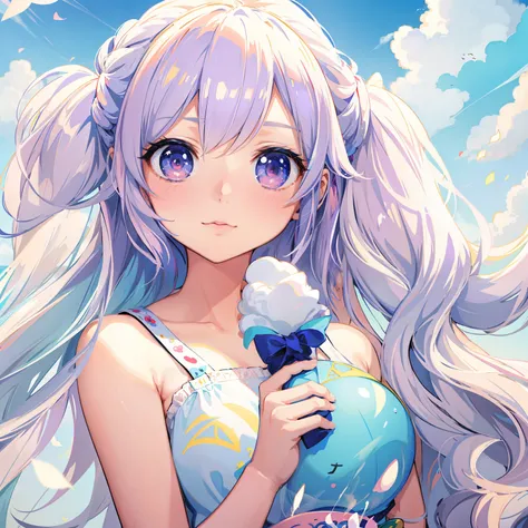 chica anime con el pelo largo sosteniendo el cono de helado frente al cielo azul, linda chica de anime, Estilo anime 4K, Chica bonita de anime, hermosa chica de anime, lindos retratos de chicas de anime, Lindo retrato de chica anime, Retrato realista kawai...