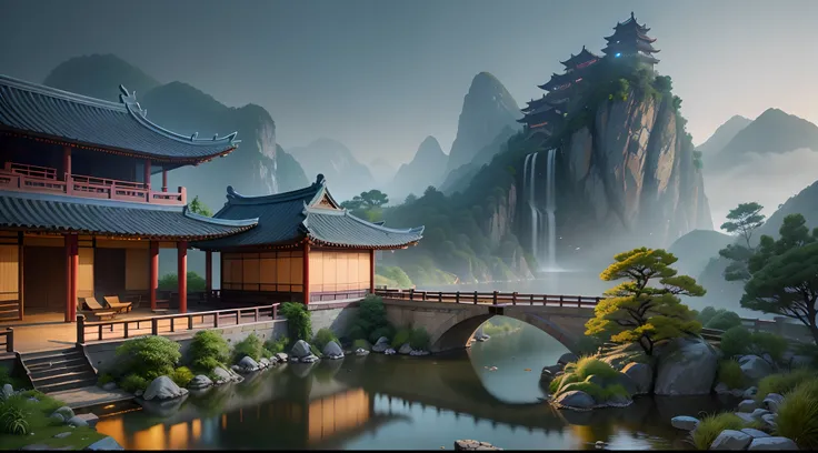 Ancient Chinese architecture, simple colors, cool tones, dark night, garden, bamboo, lake, stone bridge, rockery, arch, corner, tree, running water, landscape, outdoor, waterfall, grass, rock, dense fog, (illustration: 1.0), epic composition, HD detail, ma...