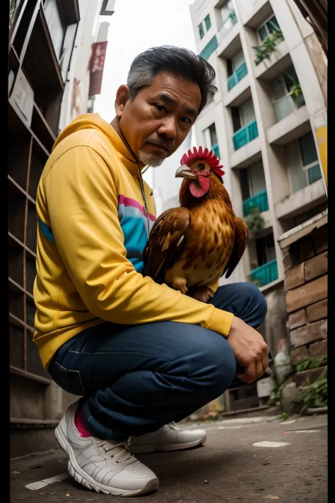 Photorealistic, 8k, cmyk+, dynamic composition, high angle lens, fisheye lens, middle-aged Malay man, squatting, holding a rooster,