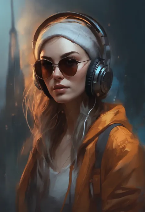 Perfect centering, A cute zombie, Wear a student jacket, Wearing sunglasses, Wearing headphones, Standing position, Abstract beauty, Centered, Looking at the camera, Facing the camera, nearing perfection, Dynamic, Moonlight, Highly detailed, Digital painti...