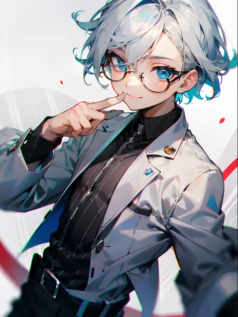 (Male child, blue eyess，eye glasses,A smile, silber hair)