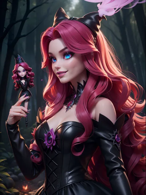 Enter a magical kingdom as Barbie With a witch black dress, She spreads enchantment in a haunted forest, smoke and magical sparks, with red wavy hair with no bangs, evil scary eyes, a cold smile,