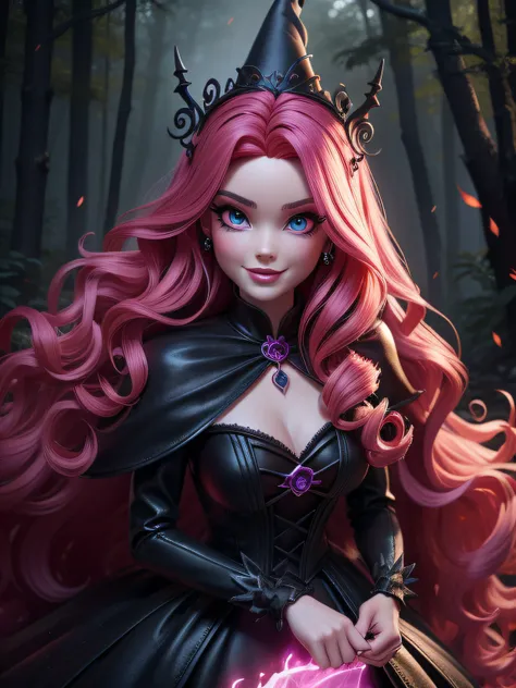 Enter a magical kingdom as Barbie With a witch black dress, She spreads enchantment in a haunted forest, smoke and magical sparks, with red wavy hair with no bangs, evil scary eyes, a cold smile,