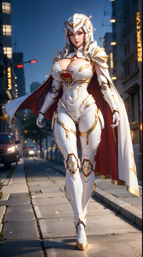 1GIRL, SOLO, (white long hair), (HUGE FAKE BOOBS:1.3), (GUARD ARM, GLOVE), IMMORTAL, (white, red, gold, FUTURISTIC MECHA ARMOR SUIT, ROYAL CAPE, CLEAVAGE:1.5), (SKINTIGHT YOGA PANTS, HIGH HEELS:1.2), (NSFW GLAMOROUS BODY, SEXY LONG LEGS, FULL BODY:1.3), (F...