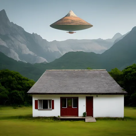 Small house in the wild with ufos, Dali style