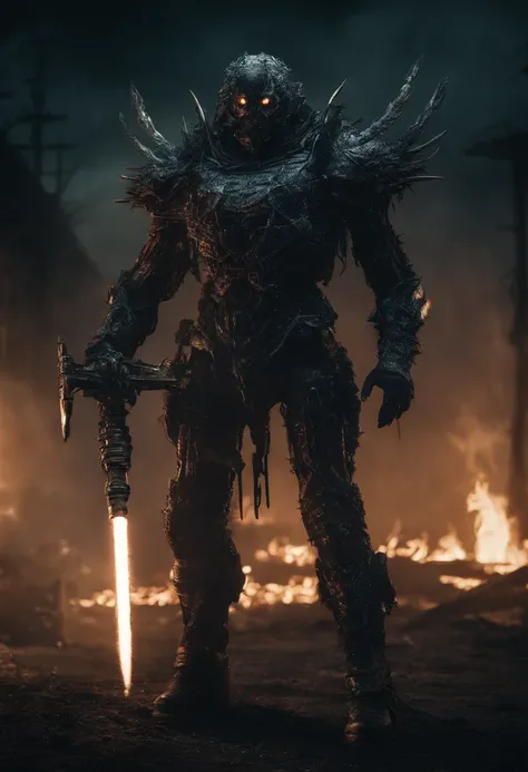 Cyberpunk Demon Warrior wearing Neon Mecha Armour Holding a Staff, glowing light eyes, Wide Shot, Biomechanical, eerie, Creepy, nightmarish, Very bright neon colours, Light particles, with light glowing, winner of the years best photo, the world on fire, p...