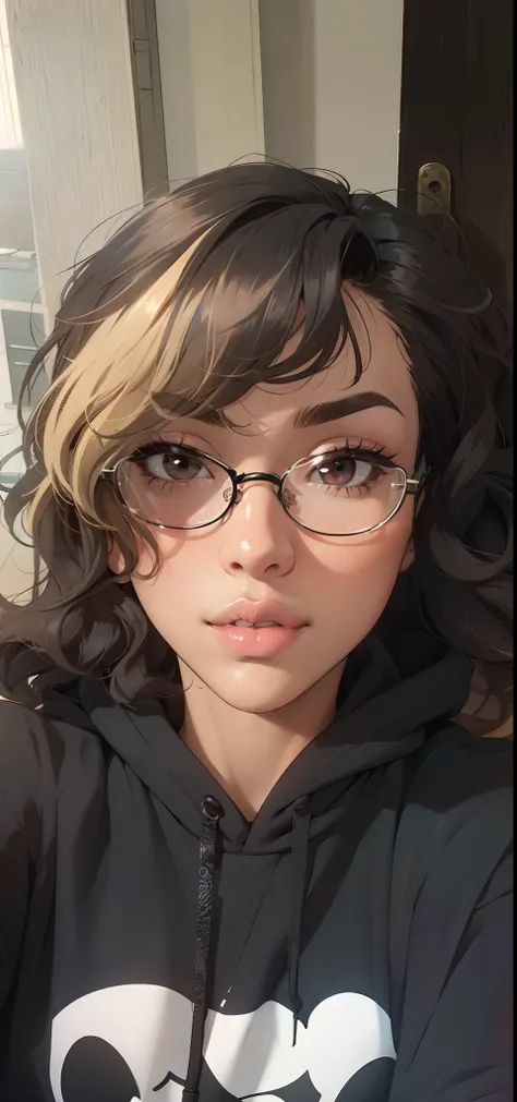 Solo, female, wavy hair, bangs, ((glasses, tan skin)), thick lips, pink lips, black hair with blonde accent, black hoodie, simple background, looking at viewer