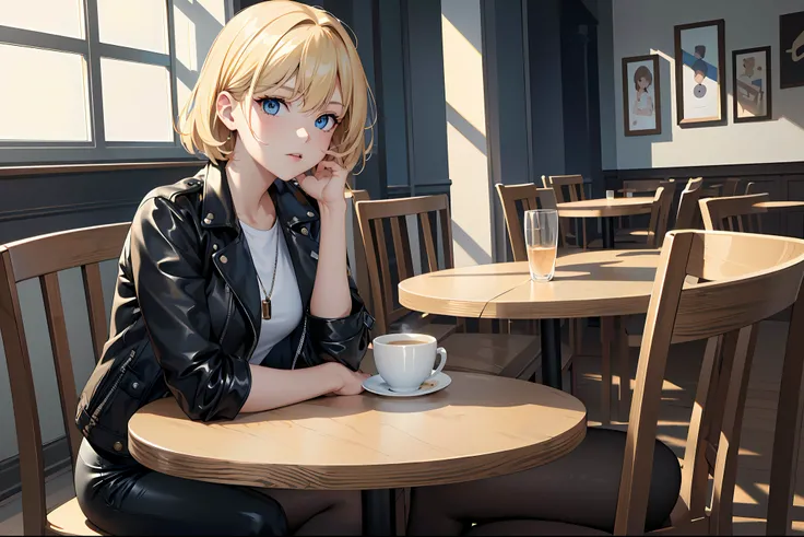 (masterpiece, highest quality, 8k, 16k, high quality, best quality:1.3, absurdres, highres),
(masterpiece, best quality:1.2), solo, 1girl, solo, A girl with short blond hair and blue eyes, dressed in a black leather jacket and white T-shirt, sits at a tabl...