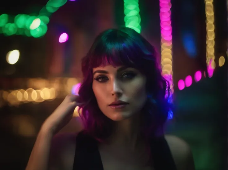 close up portrait, lucid dream-like woman, off-centered, looking off in distance ::8 style | daydreampunk, beautiful, she is dripping in neon lights, colorful, bioluminescent, glowing ::8 background | forest, vivid neon wonderland, particles, blue, green, ...