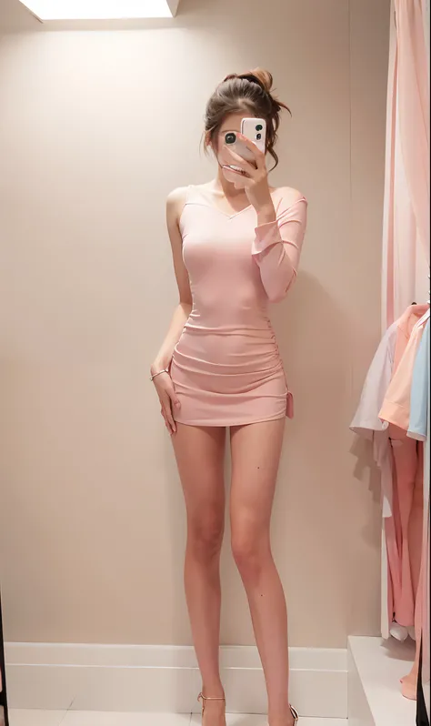 A woman in a pink dress takes a selfie with her phone, Sexy dress, simple dress, Pink dress, wearing tight simple clothes, Tight dress, photo of slim girl, Full body picture, minimal bodycon feminine costume, soft silk dress, with a thin waist, photo of sl...