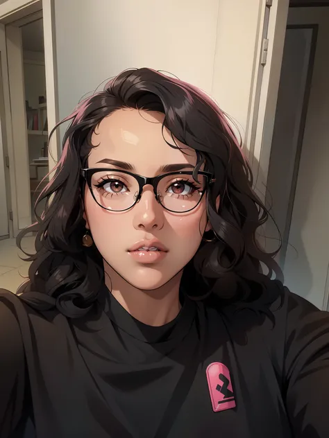 Solo, female, wavy hair, black hair, glasses, tan skin, pink lips, thick lips, looking at viewer, black shirt