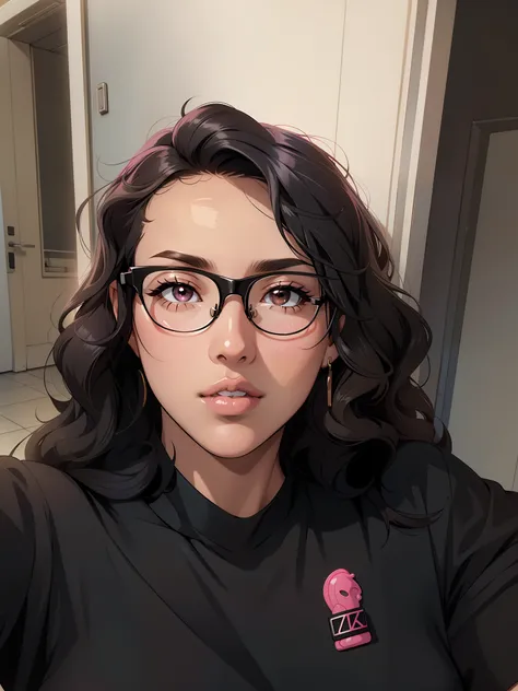 Solo, female, wavy hair, black hair, glasses, tan skin, pink lips, thick lips, looking at viewer, black shirt