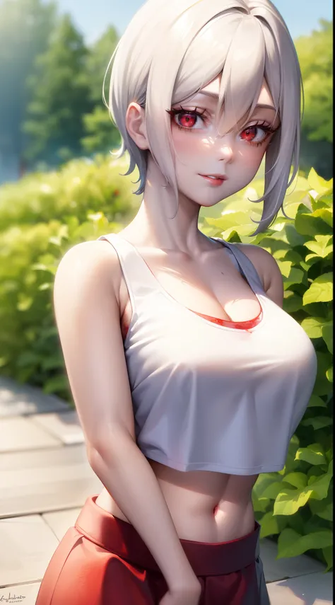 (masterpiece), best quality, AliceKV4, 1girl, solo, looking at viewer, smile, outdoors, bra, red eyes, ultra-detailed eyes, white hair, short hair, (upper body), sleeveless, ((((white tank top, cropped tank top)))), (((blood on hair))).