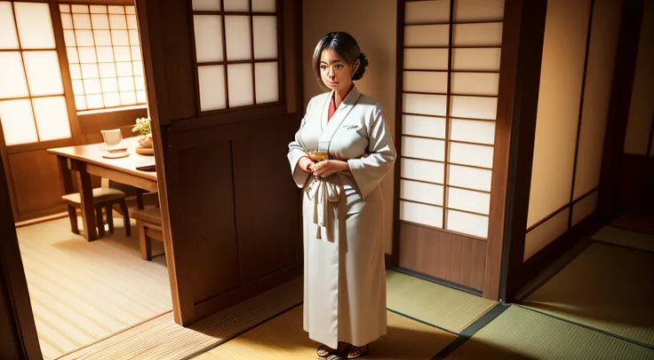 the innkeeper, a kind-hearted woman standing at inside ryokan,full body