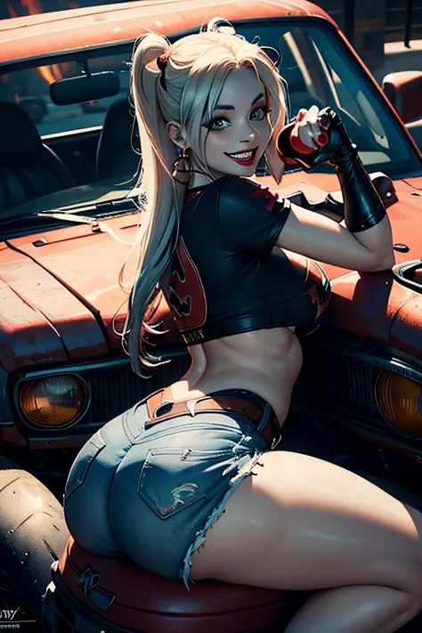 Harley Quinn sitting on a burning car. She has a great ass that strains the fabric of her pants. Shes wearing her tiny short shorts and tight t-shirt look. Shes smiling a toothy smile. Beautiful smile. Shes stunningly beautiful (perky breasts) (onion booty...