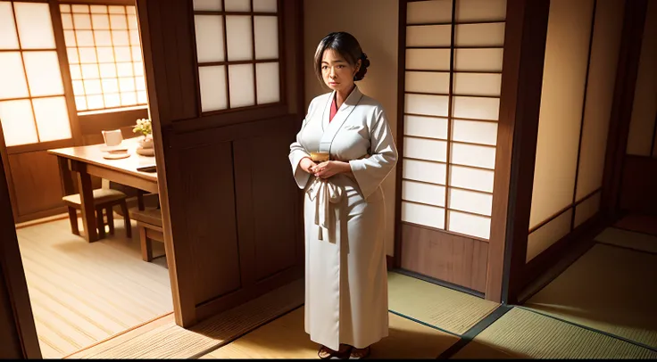 the innkeeper, a kind-hearted woman standing at inside ryokan,full body