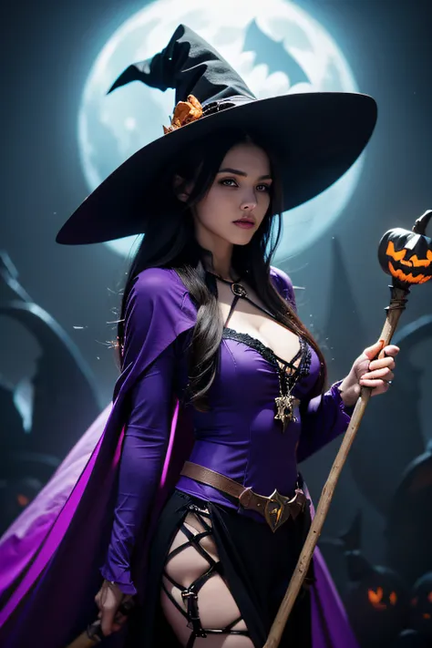 halloween, Costumes for characters in the game, League of Legends role-playing, The witch holds a staff, The staff hangs with a jack-o-lantern, Wearing a witchs pointed hat, Clothes in the shape of a bat, Purple clothes, metal decoration, Witch badge, Port...