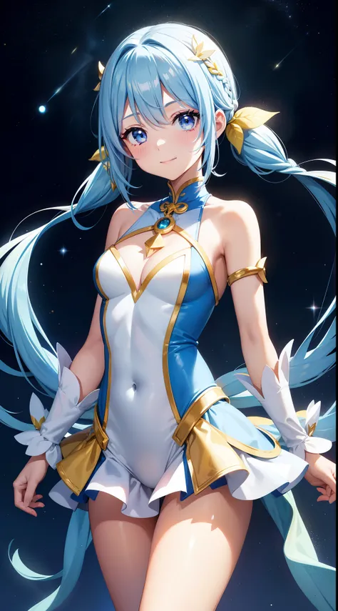 Super Idol　a beauty girl　A charming smile　sky blue hair　length hair　Twin-tailed　skinny　Glittering yellow and white leotard　facing front　Mystical　Fantasia　constellation　a moon　Crystal Brilliance　Aurora Borealis in the Night Sky