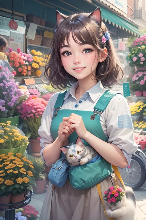 18 years old girl, smiling, and a round-eyed cute cat, Flower market to buy flowers, The décor is blue and white series ,streetview.,