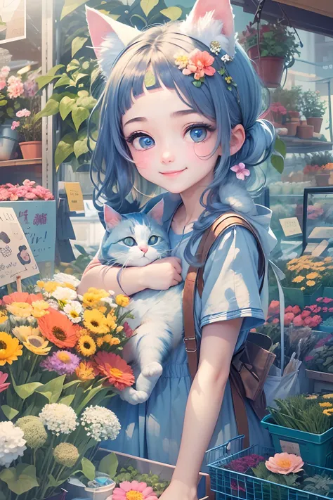 18 years old girl, smiling, and a round-eyed cute cat, Flower market to buy flowers, The décor is blue and white series ,streetview.,