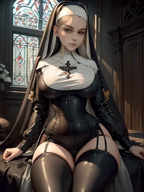 (masterpiece, top quality, best quality, official art, beautiful and aesthetic:1.2), (1girl as nun:1.3), fair skin, extremely detailed, looking at viewer, solo, (full body), simple background, (dark gothic theme:1.1), smirk, mysterious, black nun habit, co...