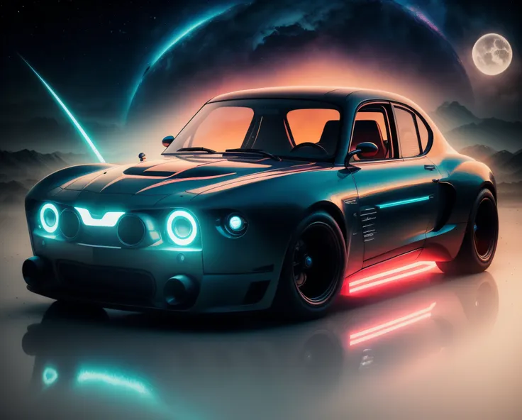 estilo futurista, luces de neon, un primer plano de un coche, fondo futuristico de noche, luces de neon, cuerpo ancho, surrealis...