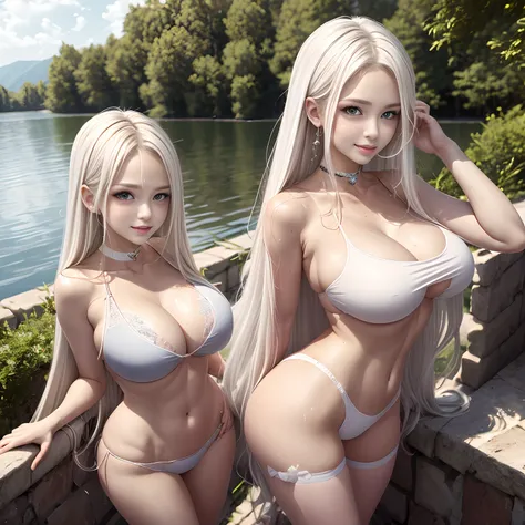 （8K，tmasterpiece：1.2），（Hyper-detailing，Raised sexy），（ssmile：1.1），（（wavy white long hair）：1.3，beatiful detailed eyes，Light makeup，choker necklace，ear jewelry，Pink and moist lips，full body shot of），Clear sky，and the sun was shining brightly，Two sexy women，Re...