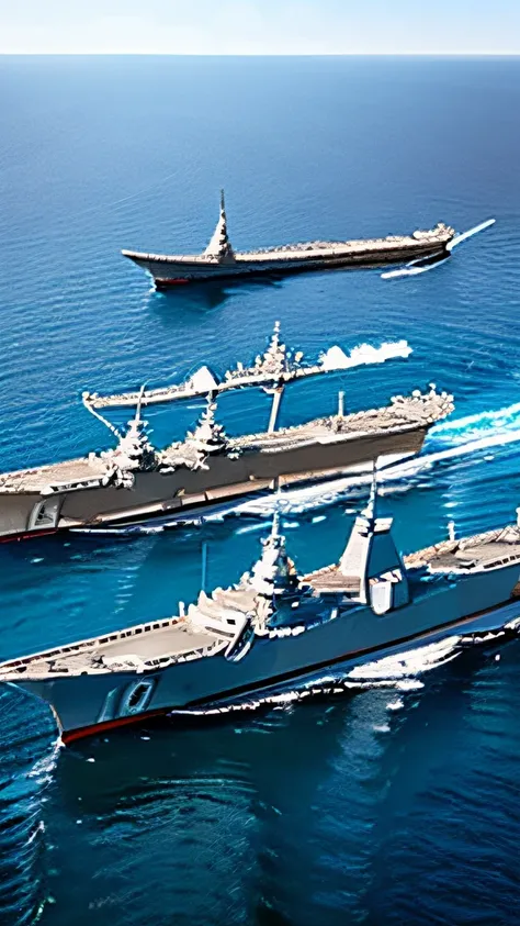 A fleet of warships on the sea，Giant fleet，Neatly arranged，Metal style，