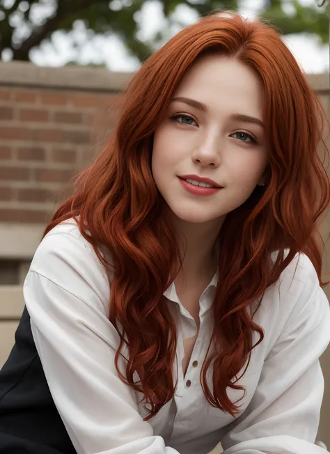 masterpiece, realistic, detailed eyes, beautiful, looking at the viewer, natural lighting, depth of field, film grain, wrinkled skin, 24yo, female, solo, wavy long red viola hair color , red hair color, yellow brown eyes, brown skin, red lips, formal white...