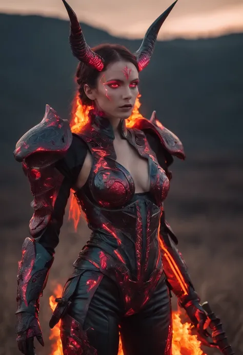 Beautiful Succubus Warrior wearing Neon Mecha Armour Holding a Staff in a field of blood, glowing light eyes, Demon wings, Wide Shot, Biomechanical, eerie, Creepy, nightmarish, Very bright neon colours, Light particles, with light glowing, winner of the ye...