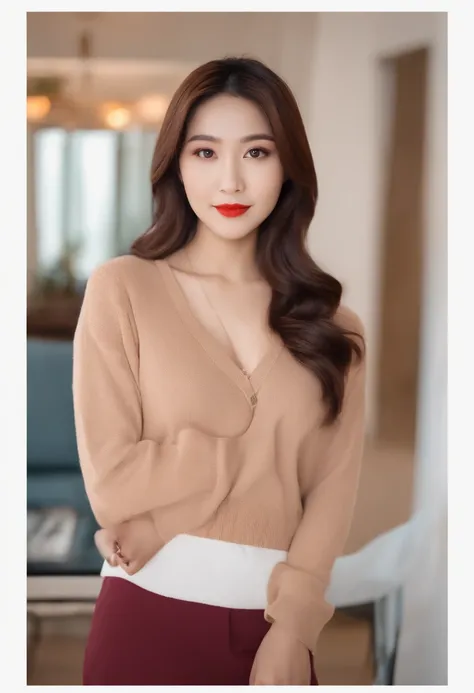 32years old、A Japanese Lady、Tidy living room background、Relax on the sofa、Selfie holding camera with one hand、Looking at the camera，bachelorhood、hight resolution、lovely、Chottobus、Slightly pouty figure、Straight, shoulder-length medium hair、Autumn sweater，Li...